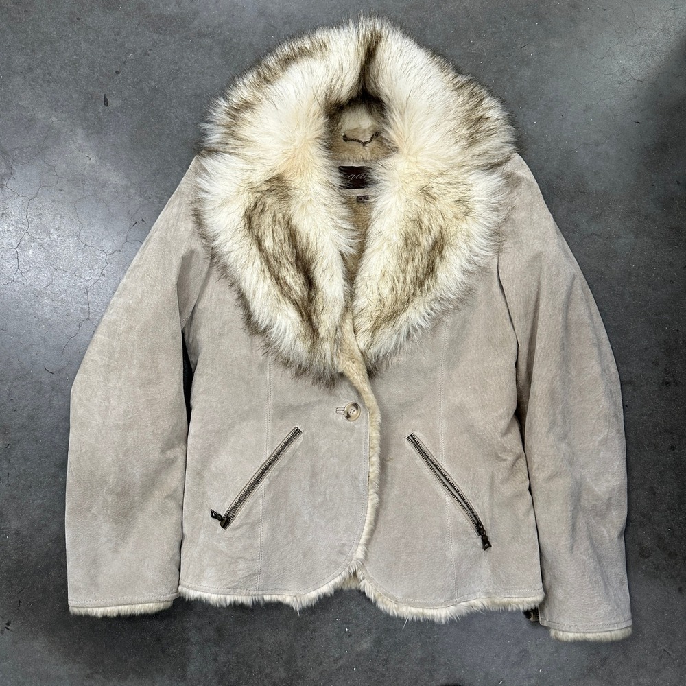 Vtg Guess Womens Tan Genuine Leather Faux Fur Trim Jacket Beige Suede Size M